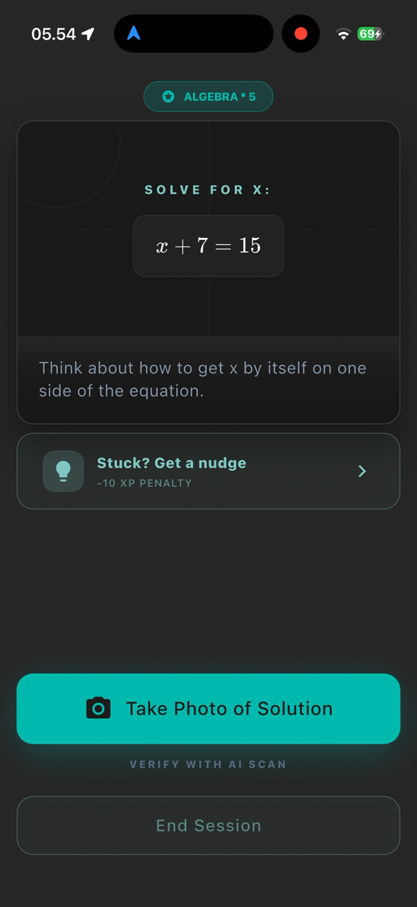Problem — solve for x, with hint and capture button