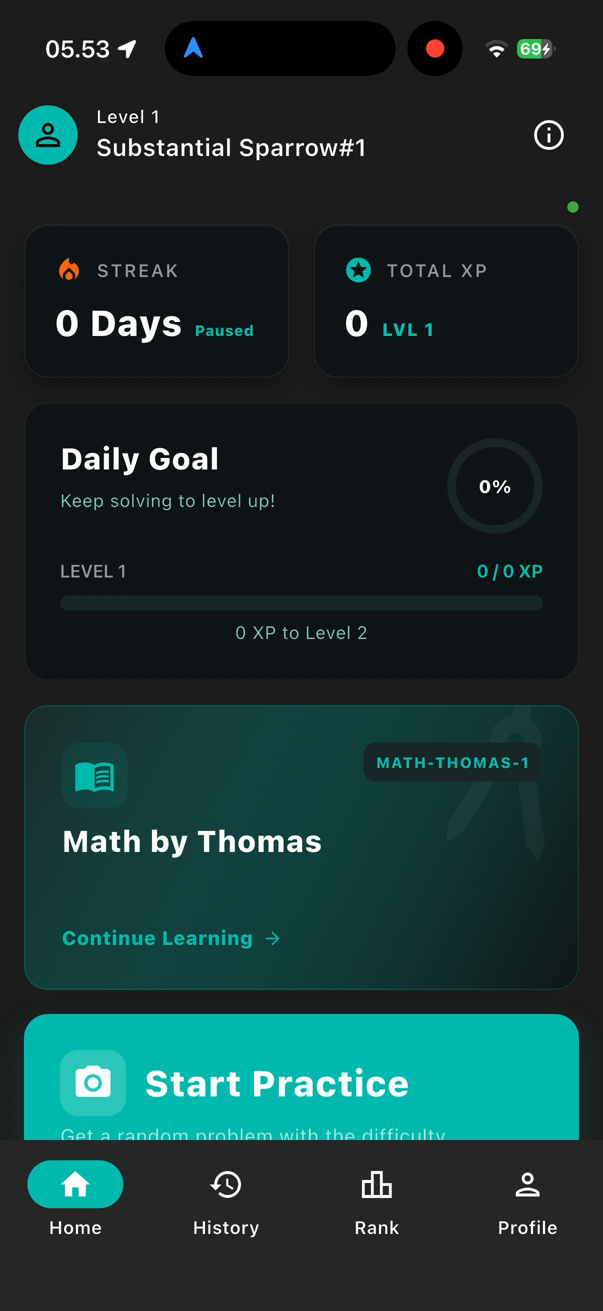 Home — daily goal, streak, start practice